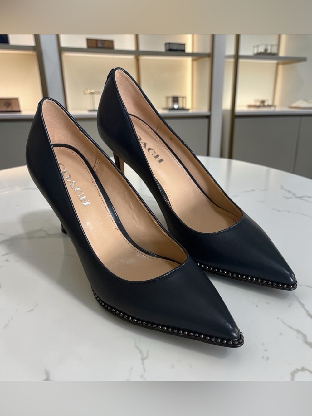 COACH Waverly Navy Leather Pointed-Toe Pumps w Ball Chain Trim! Size 8.5 EUC!! - Picture 2 of 15